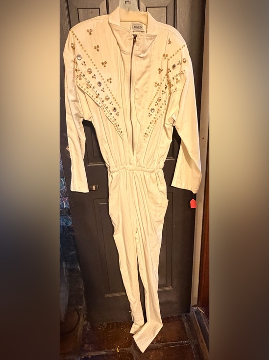 Avalin Pants - Vintage 80s Avalin White Denim Jumpsuit Studded Pearls Large Retro